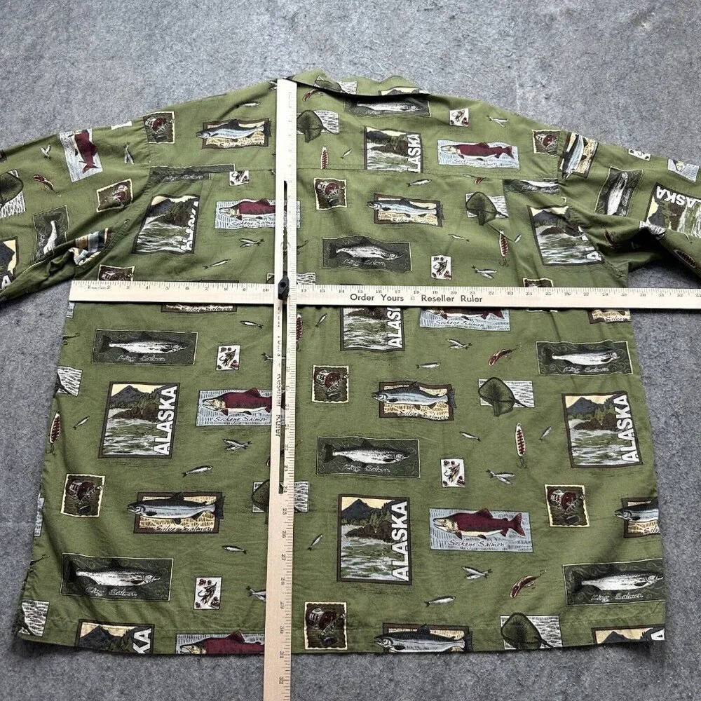 David Carey Camp Shirt Men 2XL Green Alaska Print Fish Graphic Short Sleeve - Picture 7 of 11